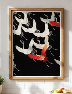 180_F017 Flying Red-Crowned Cranes on Black